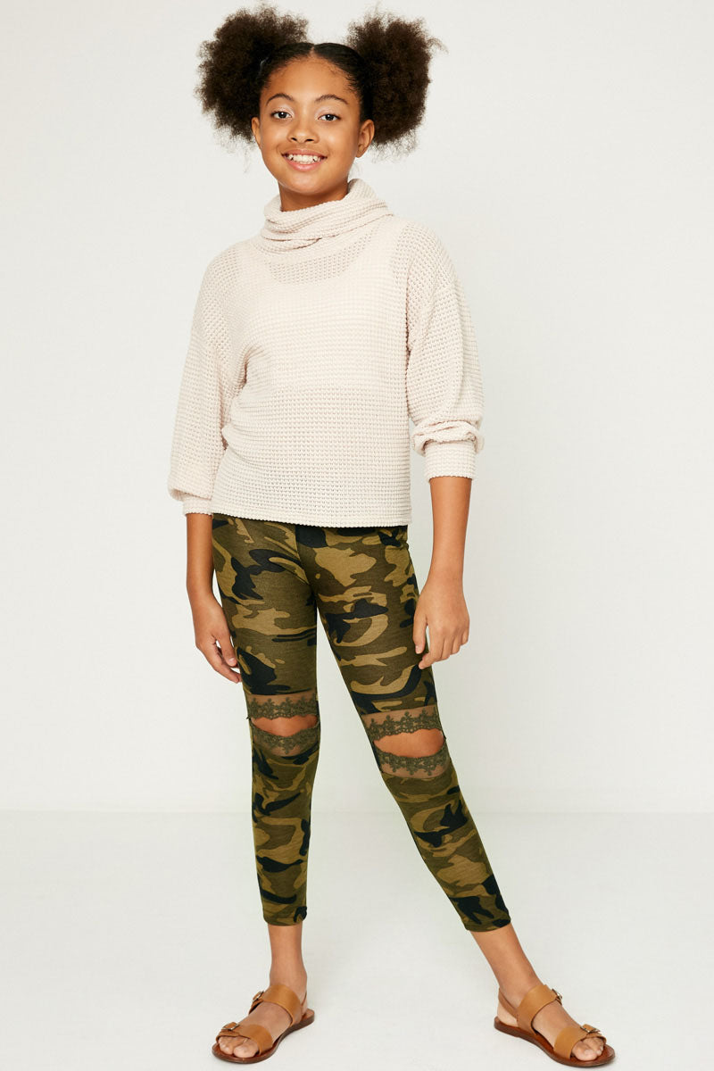 G11006 Girls Camo Lace Cutout Leggings Front