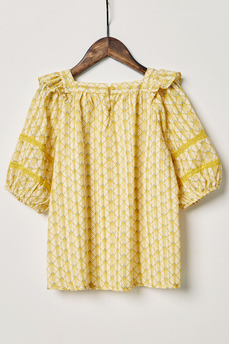 G11090-MUSTARD Printed Puff Sleeve Top Back