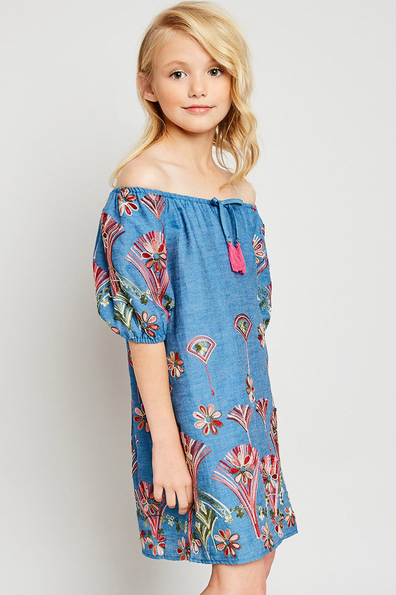 G2136 MID DENIM Denim Embroidered Dress Back