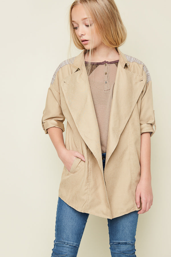 G3404 BEIGE Moto Trench Coat Front