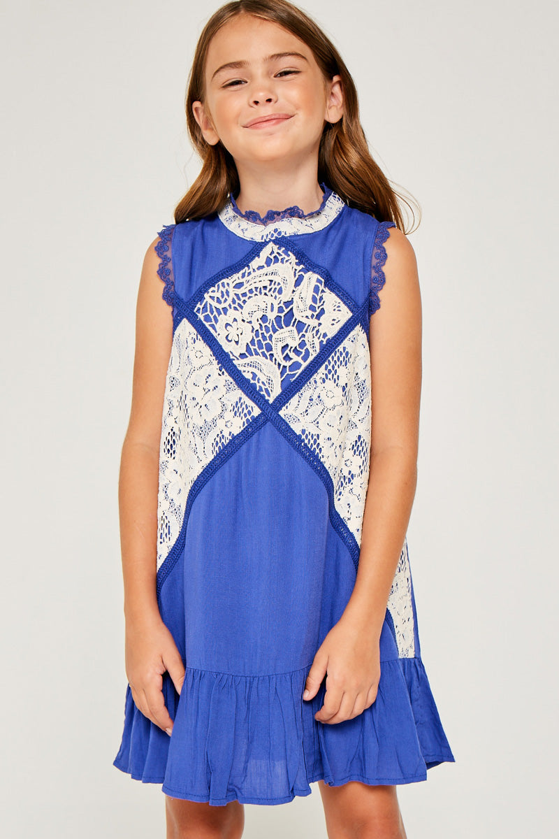 G3534 Cobalt Blue Girls Ruffle Lace Swing Dress Front
