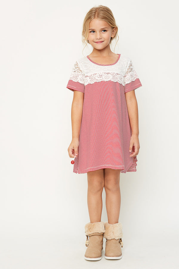 G3612 Red Girls Stripe Lace A-Line Tee Full Body