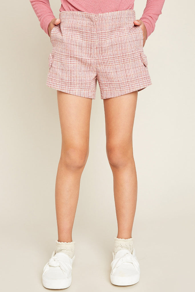 G4127 Mauve Girls Plaid Knit Shorts Front