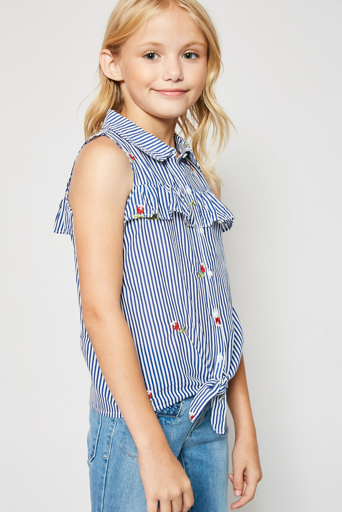 G4215 BLUE Embroidered Front Tie Tank Top Alternate Angle