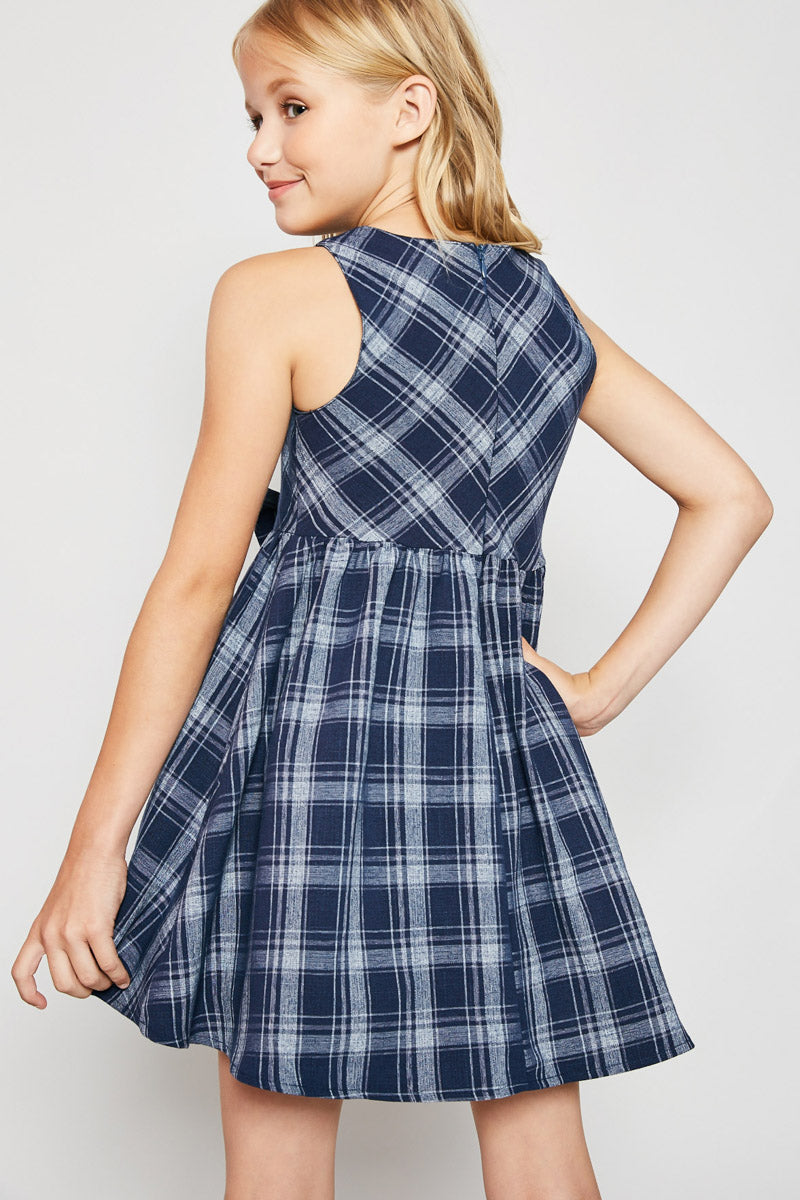 G4241 NAVY MIX Plaid Mini Bow Dress Back