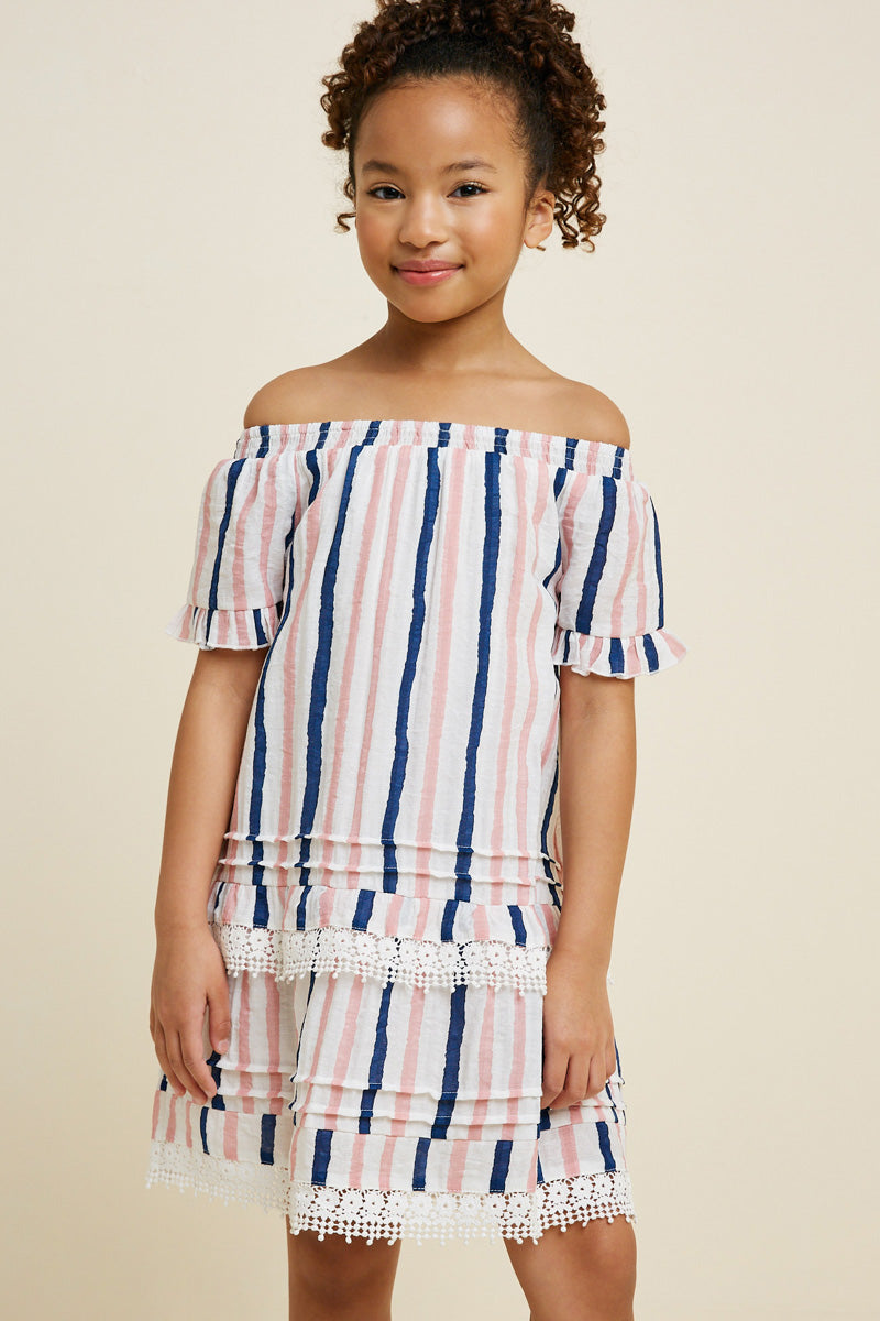 G4329 Off White Girls Striped Off-Shoulder Crochet Lace Dress Front
