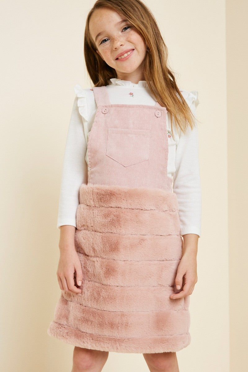 Girls Corduroy Faux Fur Overall Dress
