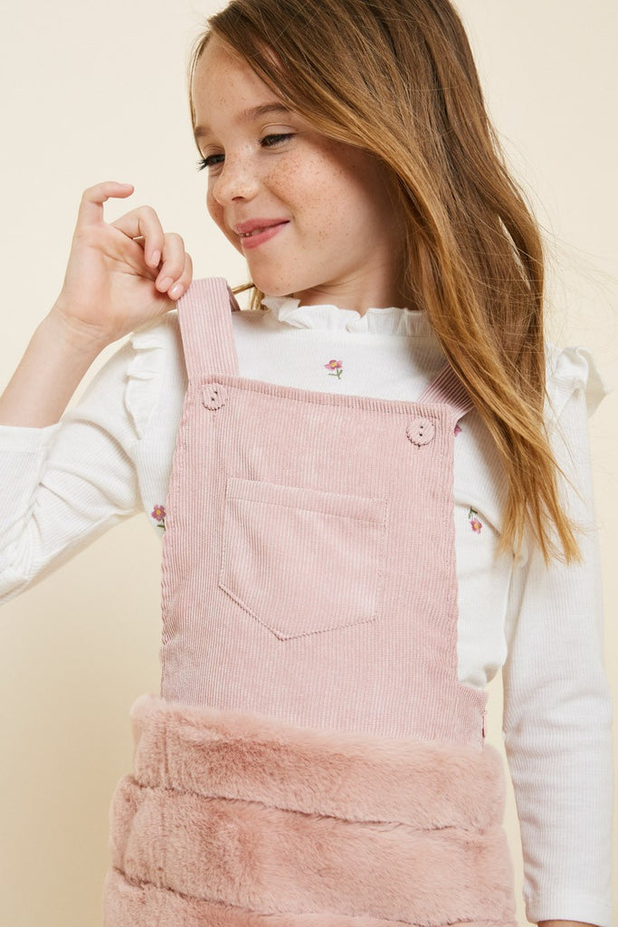 G4473 Pink Girls Corduroy Faux Fur Overall Dress Pose