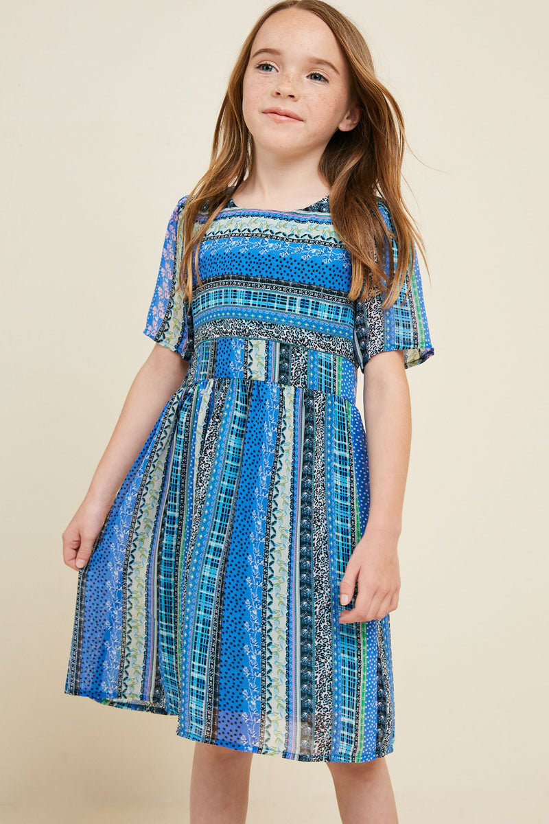G4522-BLUE MIX Printed Babydoll Mini Dress Front