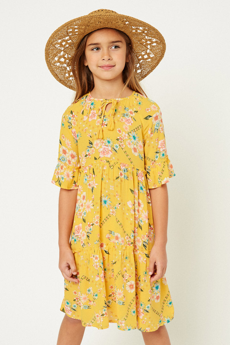 G4671-YELLOW MIX Floral Tie-Strap Midi Dress Front