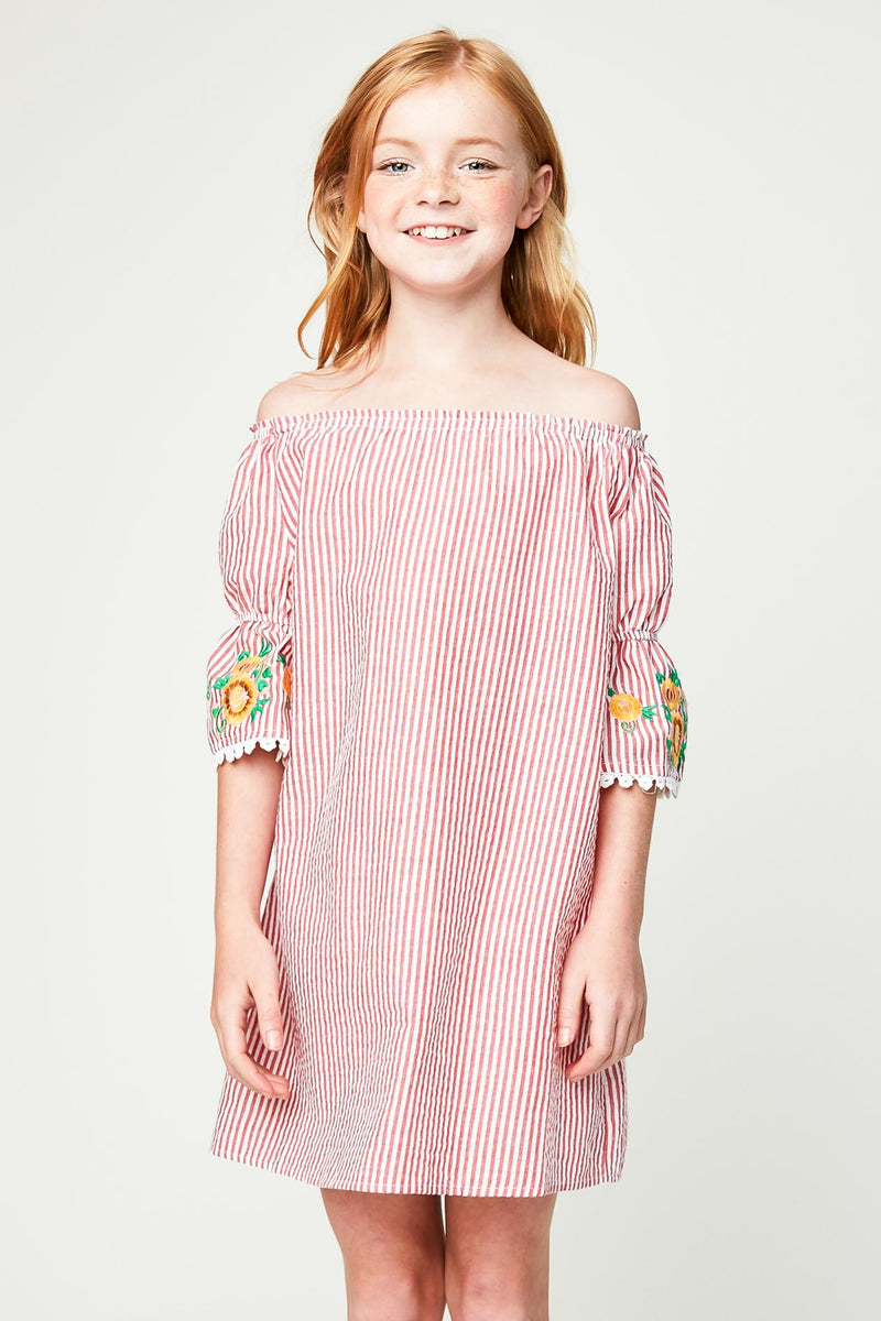 G5326 CHERRY Floral Embroidered Stripe Dress Front