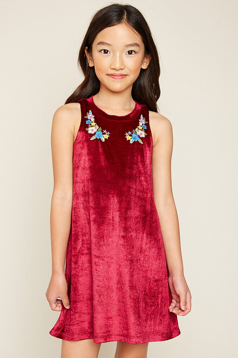 G5548 Plum Girls Satin dress with embroidery Front 2
