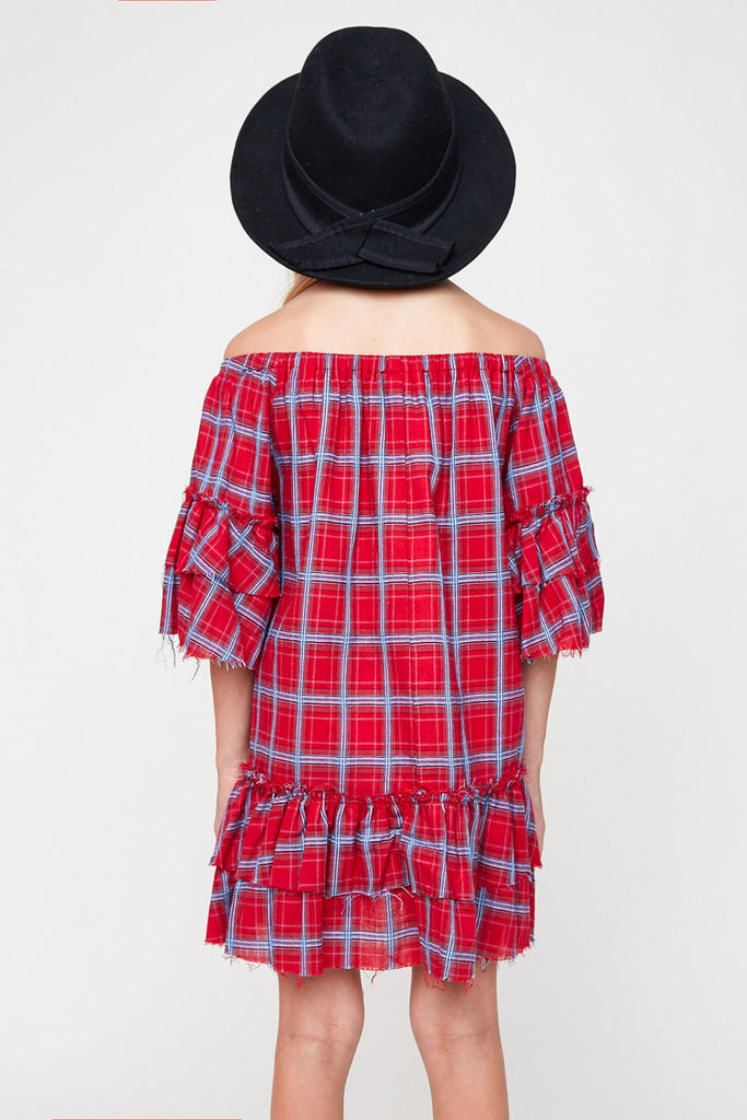 G5608 RED Off Shoulder Plaid Ruffle Dress Back