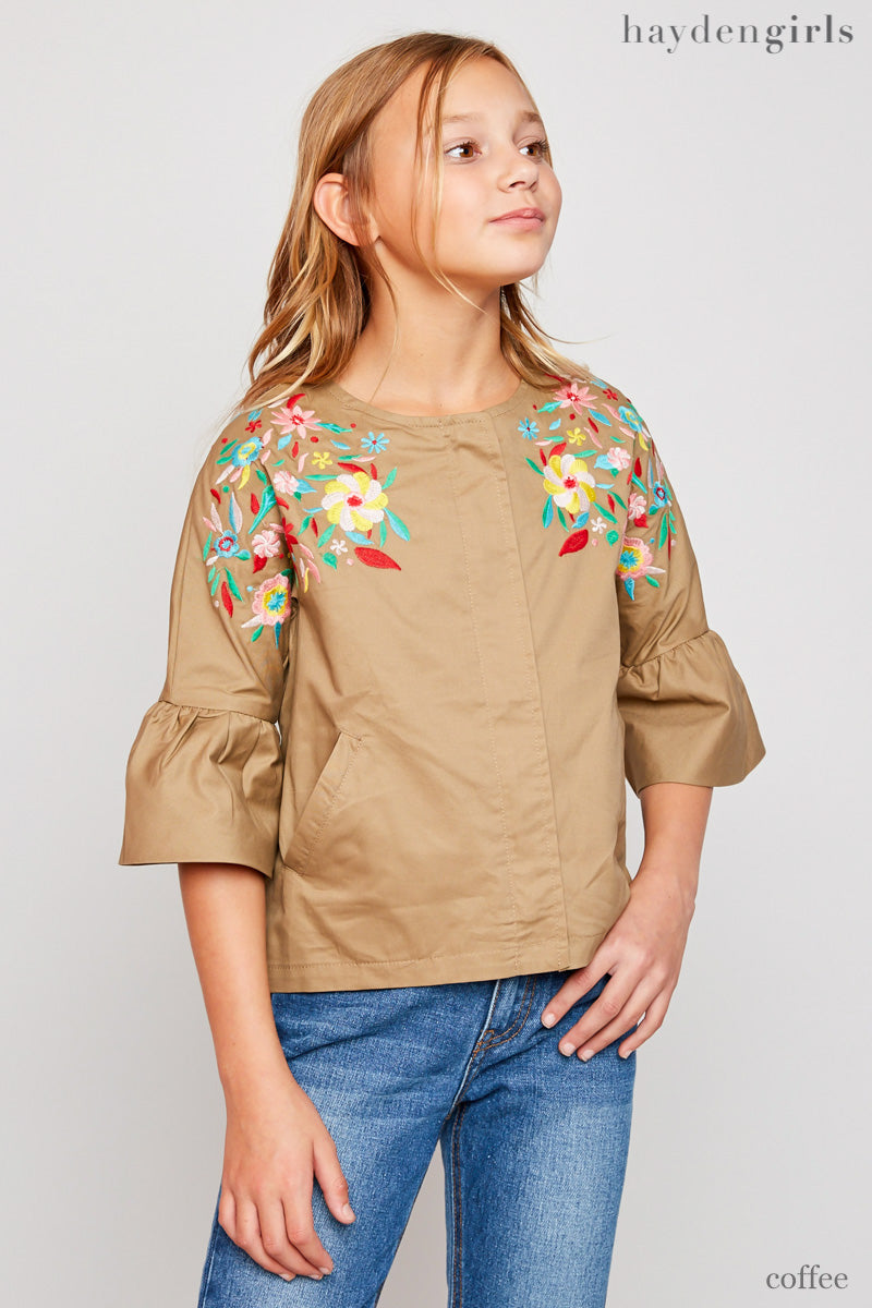 G5617 COFFEE Floral Embroidered Jacket Front