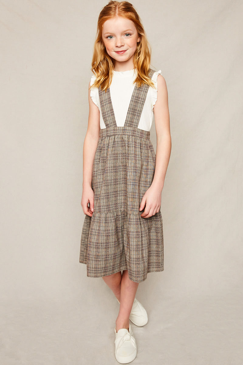 G5875 MOCHA Tiered Glen Check Overall Dress Front