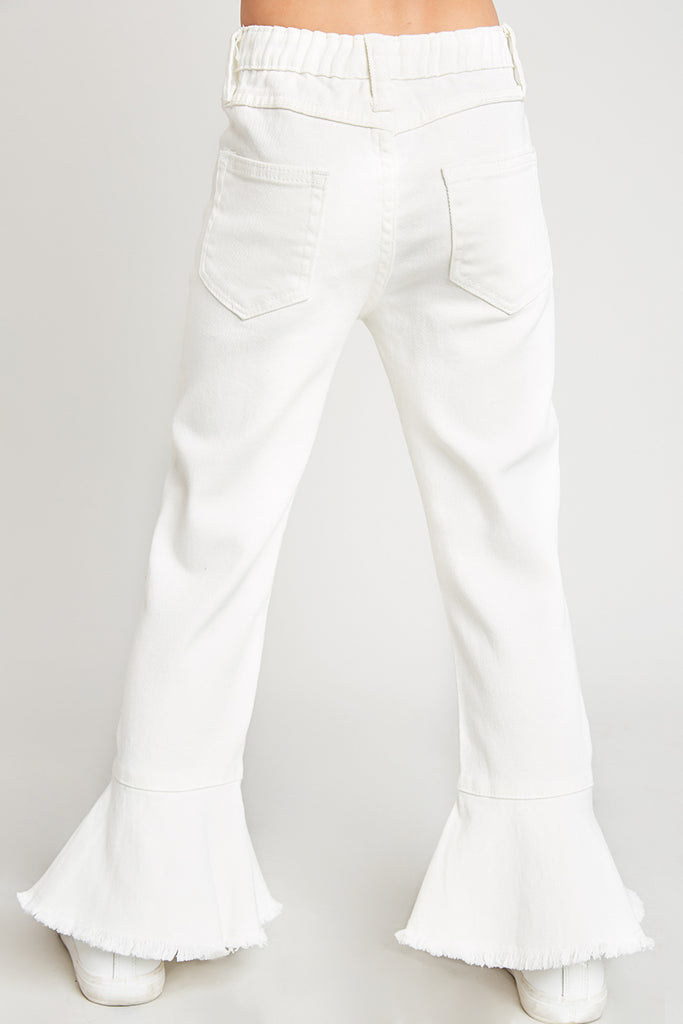 G5962-MID DENIM-Cropped Frill Flare Jeans Front