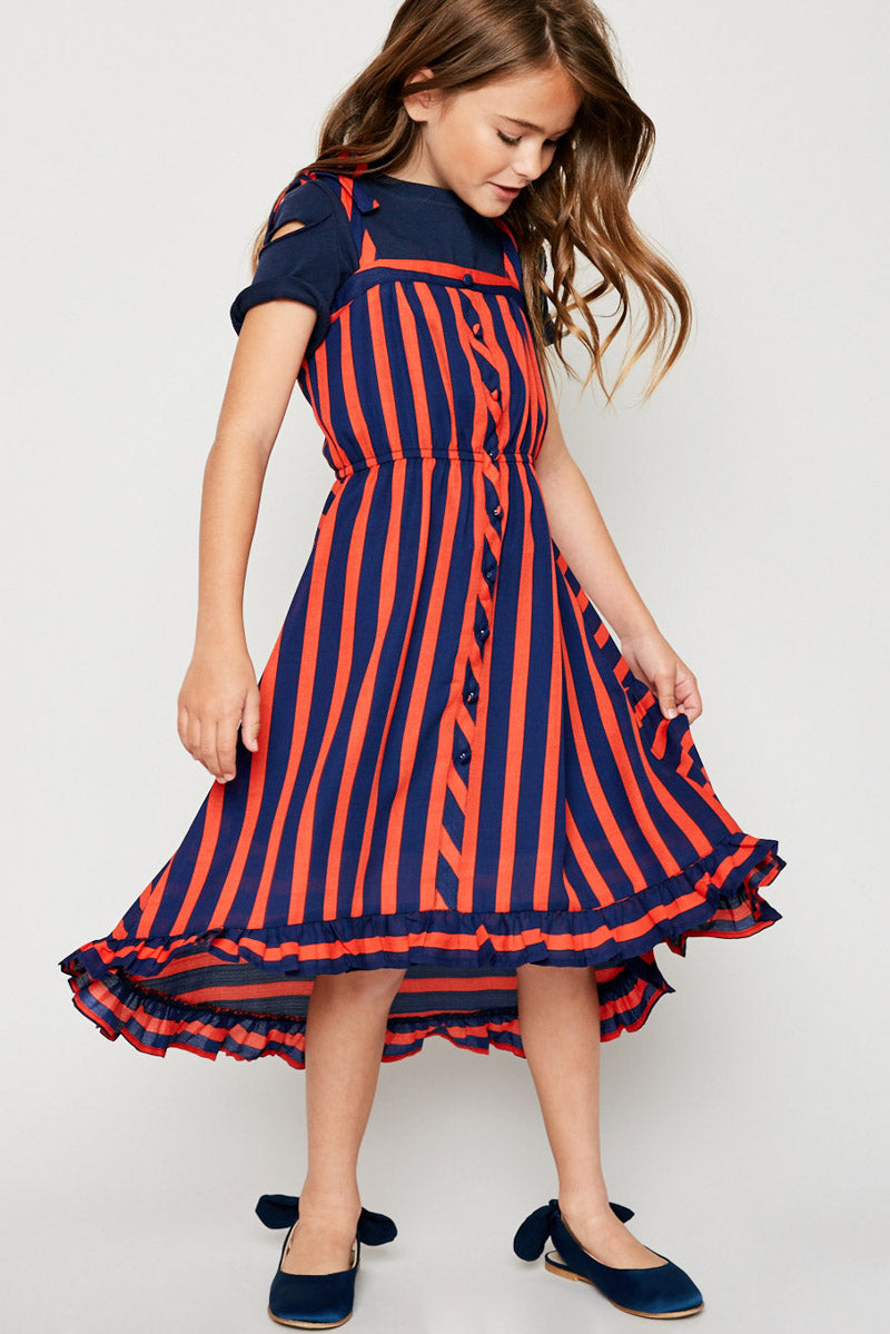 open lace back dress Lila Drawstring Dress Red Stripe Navy – Busy Bees main image 0