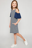 G6147 NAVY Cold-Shoulder Stripe Dress Front
