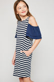 G6147 NAVY Cold-Shoulder Stripe Dress Alternate Angle