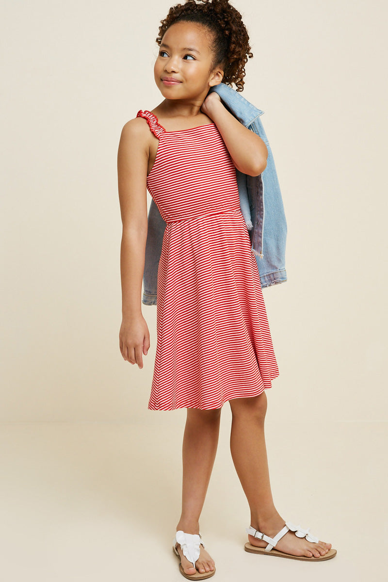 G7086-RED MIX Stripe Ruffle Sleeve Mini Swing Dress Front