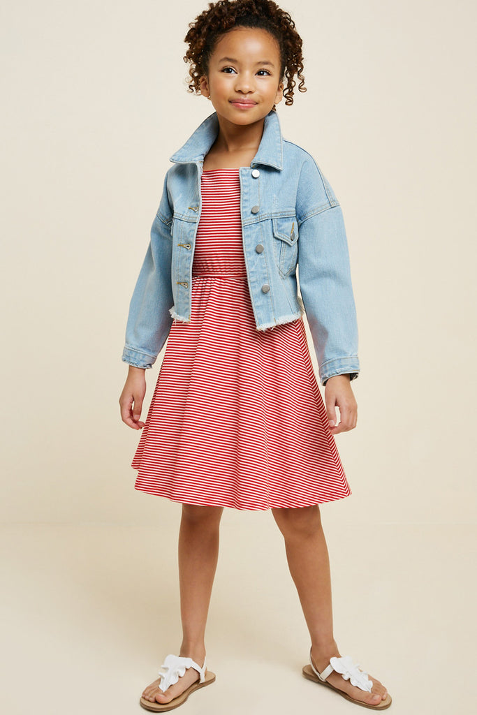 G7086-RED MIX Stripe Ruffle Sleeve Mini Swing Dress Alternate Angle