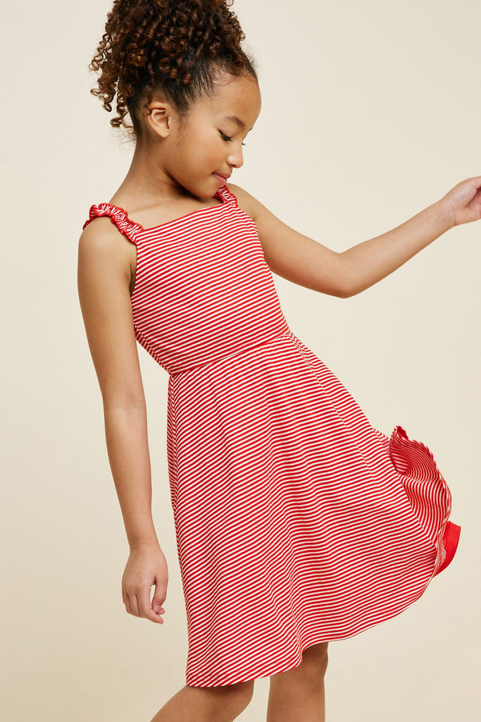 G7086-RED MIX Stripe Ruffle Sleeve Mini Swing Dress Alternate Angle