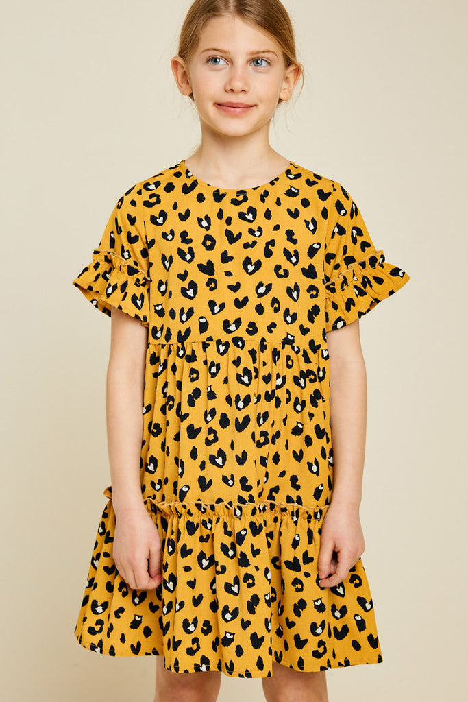 G7306-MUSTARD Leopard Mini Babydoll Dress Front