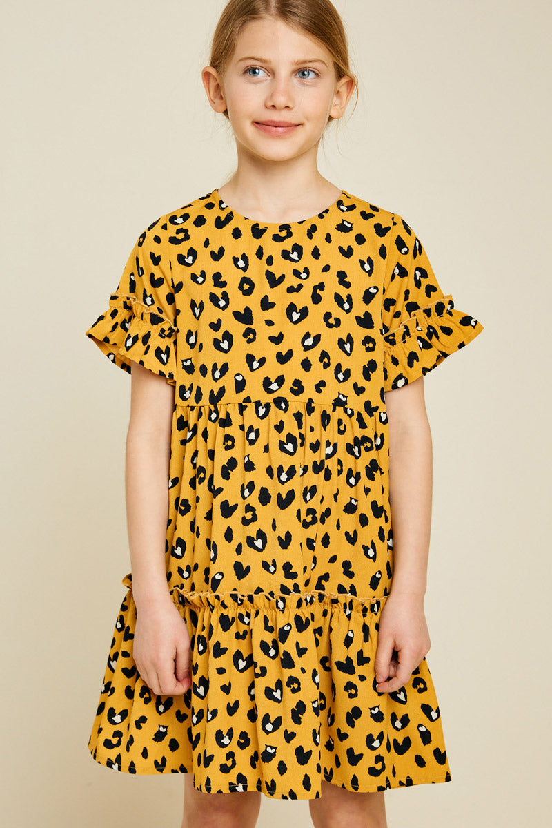 G7306-MUSTARD Leopard Mini Babydoll Dress Front