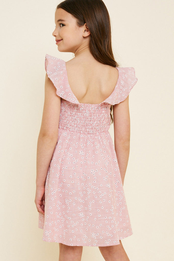 G7377-RED Embroidered Stripe Mini Floral Ruffle Dress Back