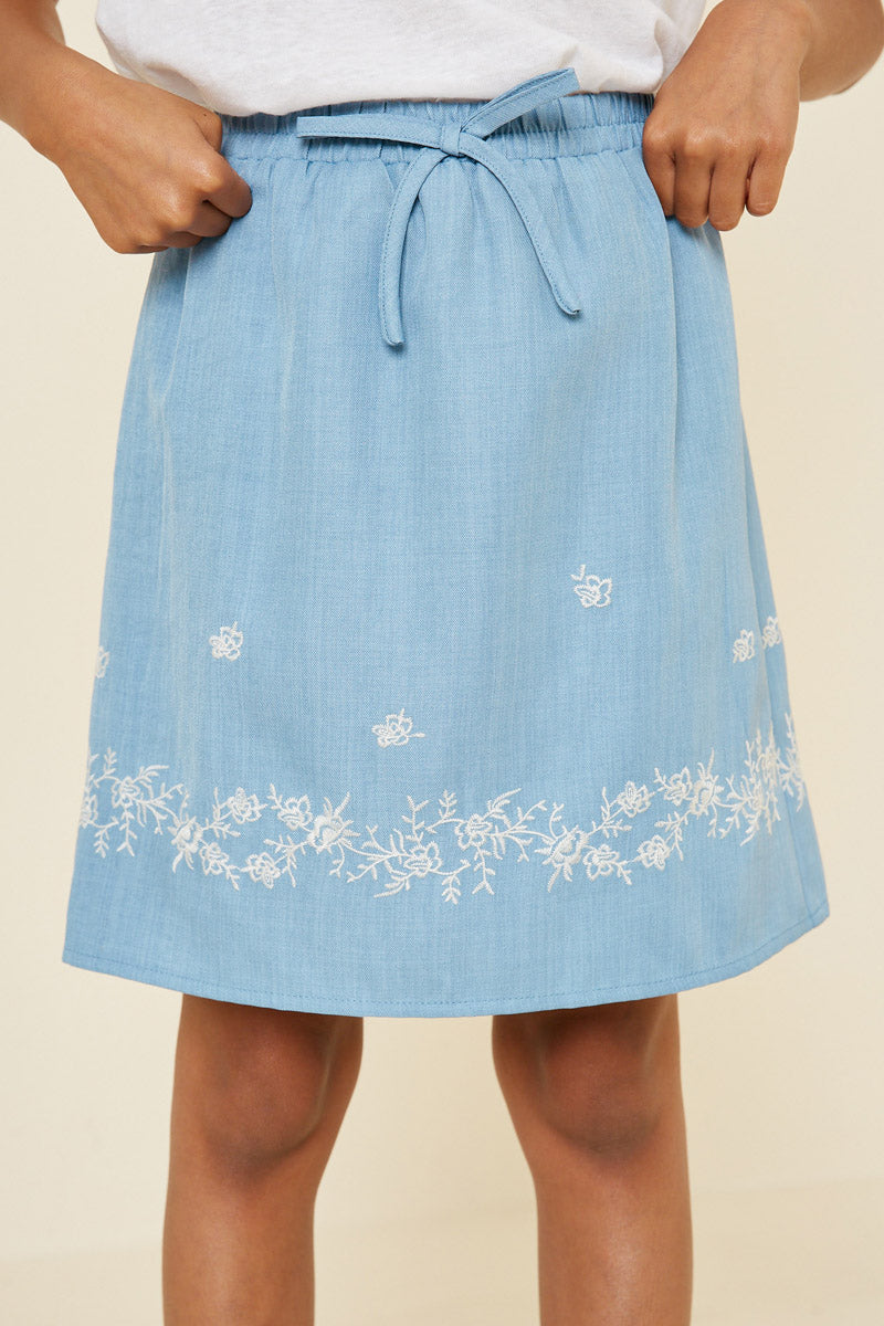 G7546 Off White Girls Floral Embroidered Chambray Skirt Front