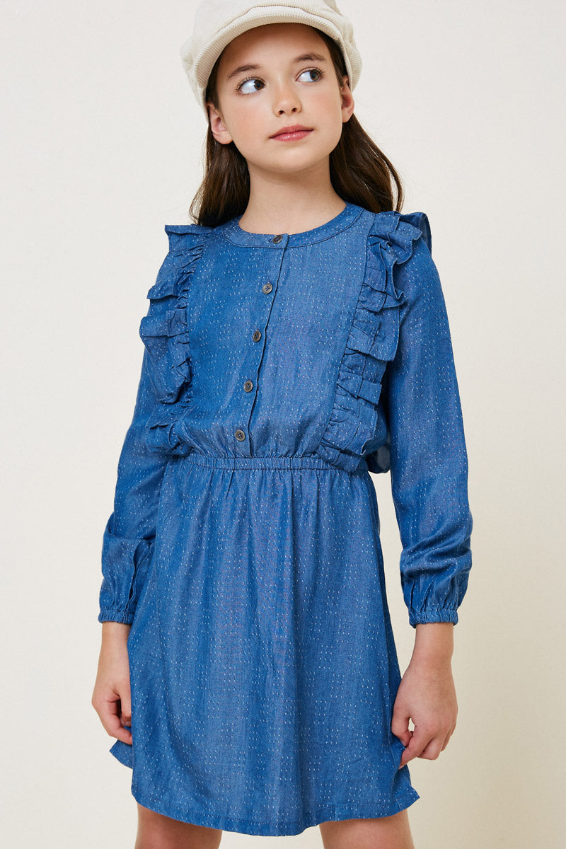 G7981-MEDIUM DENIM Denim Button-Down Ruffle Mini Dress Front