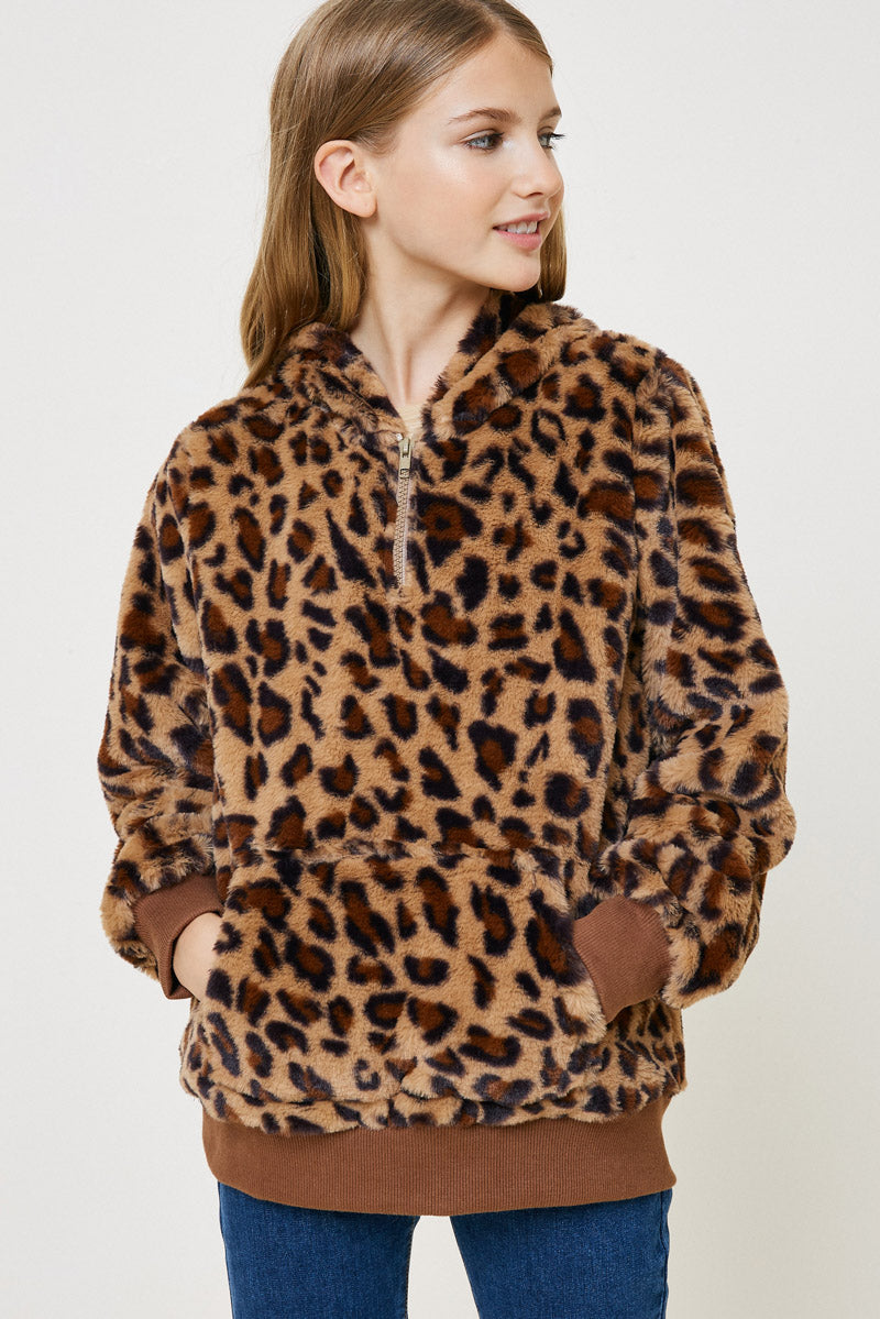 G8077 Leopard Girls Leopard Faux Fur Hoodie Front