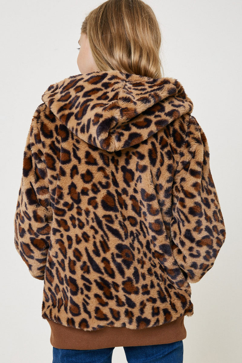 G8077 Leopard Girls Leopard Faux Fur Hoodie Back