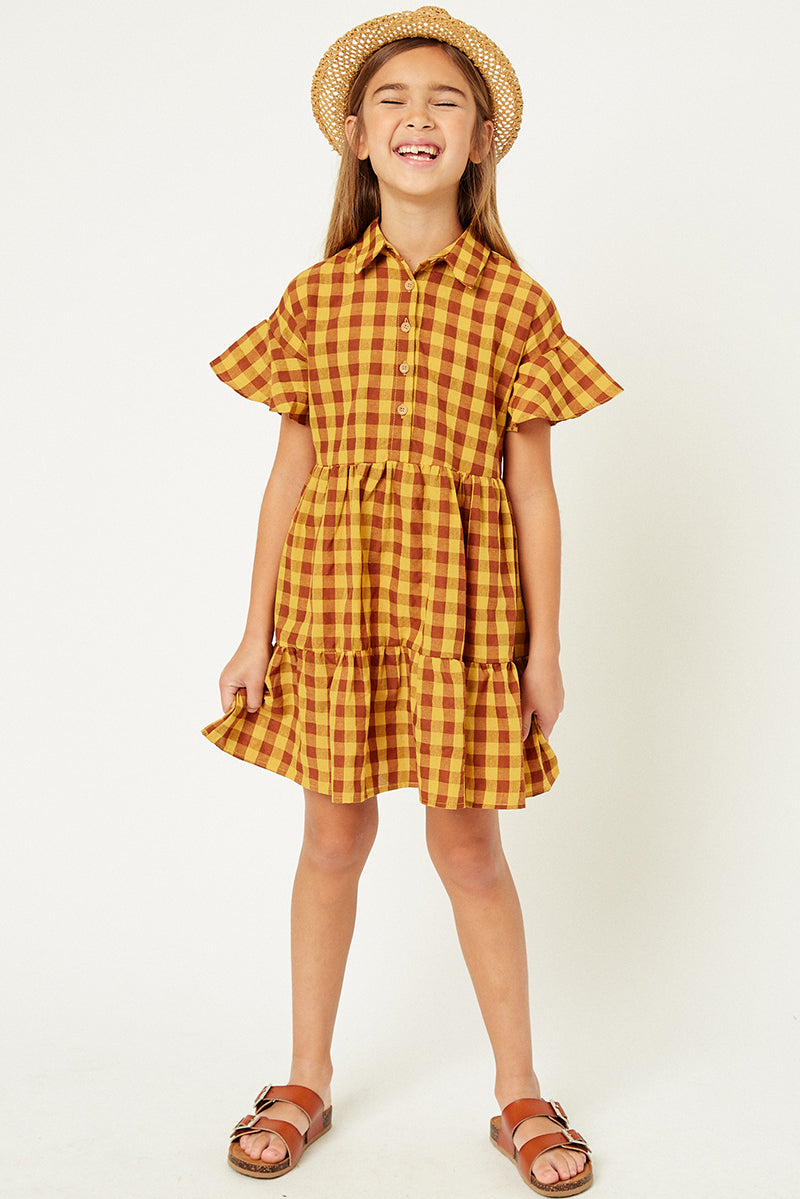 mustard yellow ruffle dress Girls' Gingham Pattern Ruffle Dress Mustard / M Mustard Girl's Dresses Mini Dresses Hayden Los Angeles