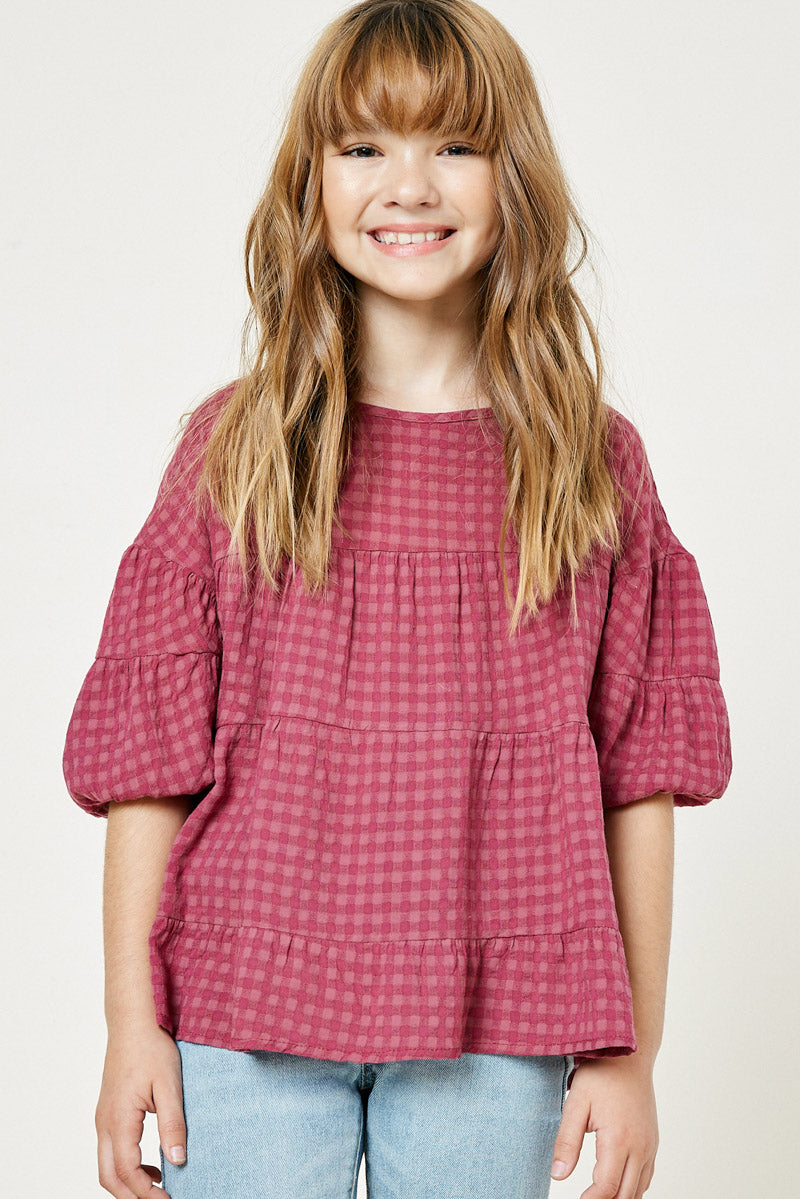 G9127-PLUM Plaid Ruffle Puff Sleeve Top Front