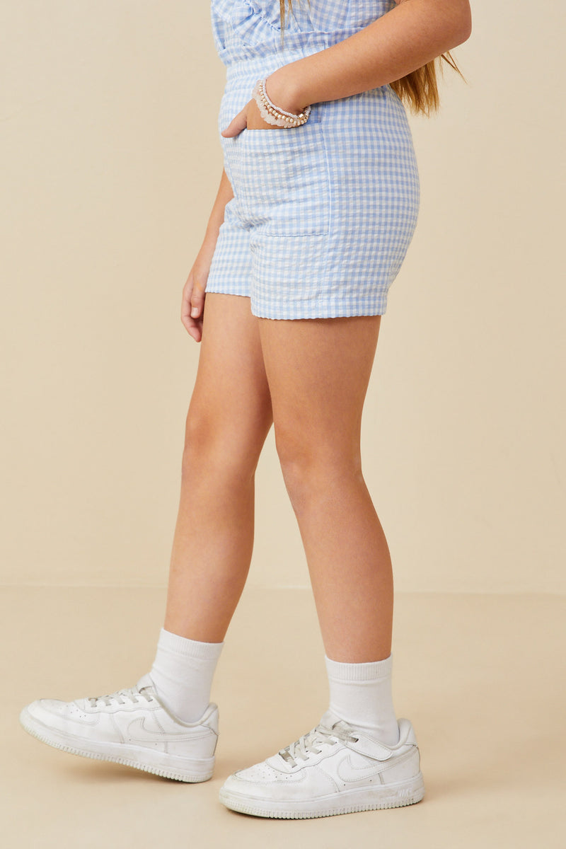 GB0092 Blue Girls Patch Pocket Seersucker Gingham Shorts Side
