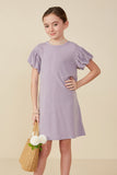 Girls Gathered Puff Sleeve French Terry Knit Dress Front