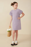 Girls Gathered Puff Sleeve French Terry Knit Dress Full Body