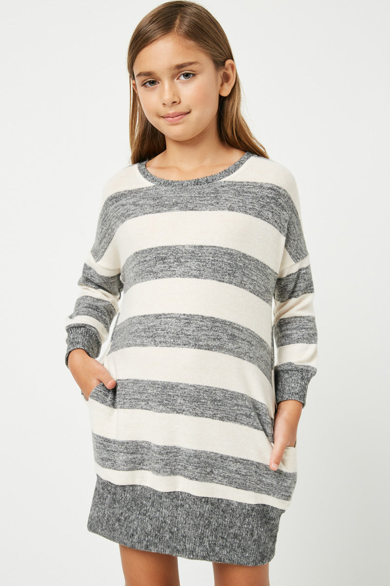 Girls Stripe Soft Knit Mini Dress |Cute Girls' Clothes Taupe/Grey / XL Taupe/Grey Girl's Dresses Mini Dresses Hayden Girls