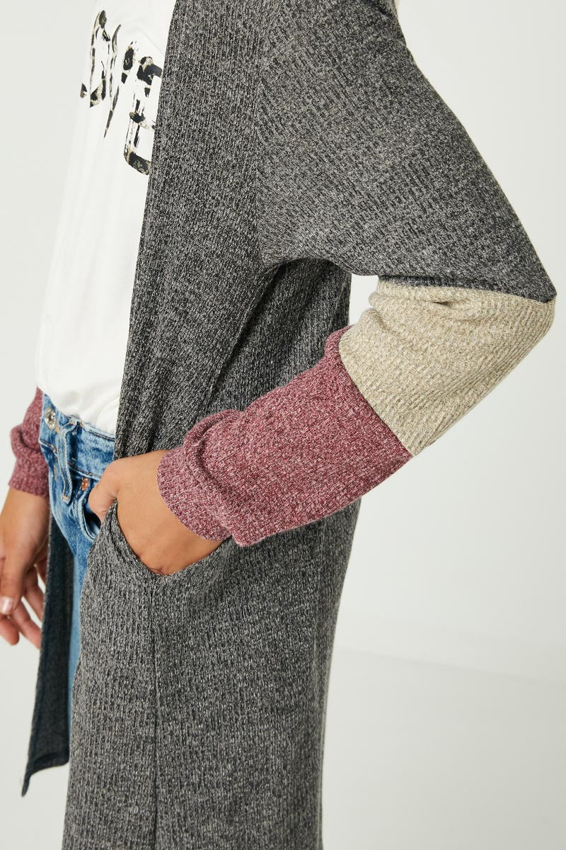 Gj3043 Charcoal Girls Color Block Sleeve Ribbed Knit Long Cardigan Detail