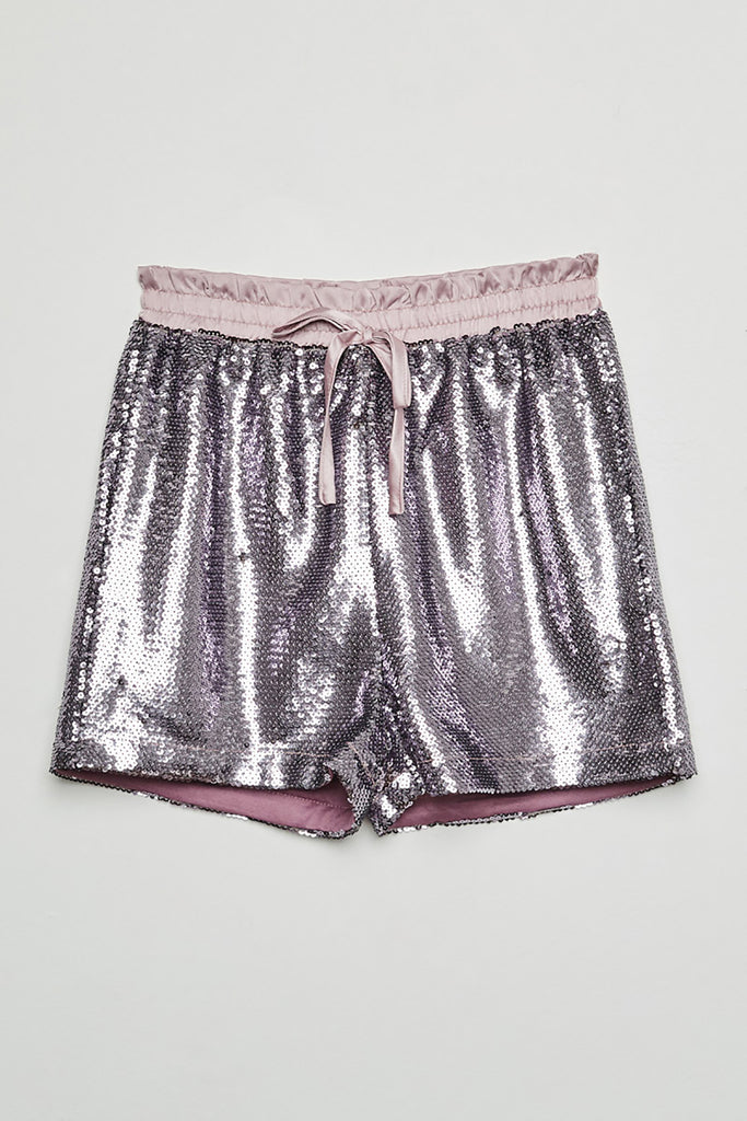 GJ3074 Violet Girls Satin Drawstring Sequin Shorts- Flat Front