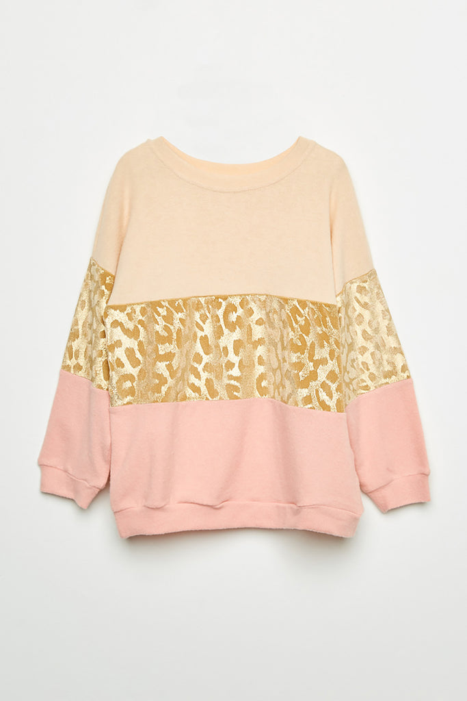 GJ3132 Ivory Girls Long Sleeve Gold Leopard Panel Top Front Flat