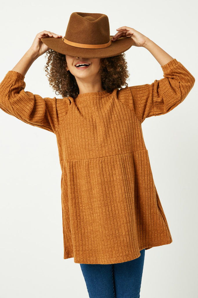 GJ3172 Mustard Girls Ribbed Raglan Long Sleeve Mini Dress Pose Front
