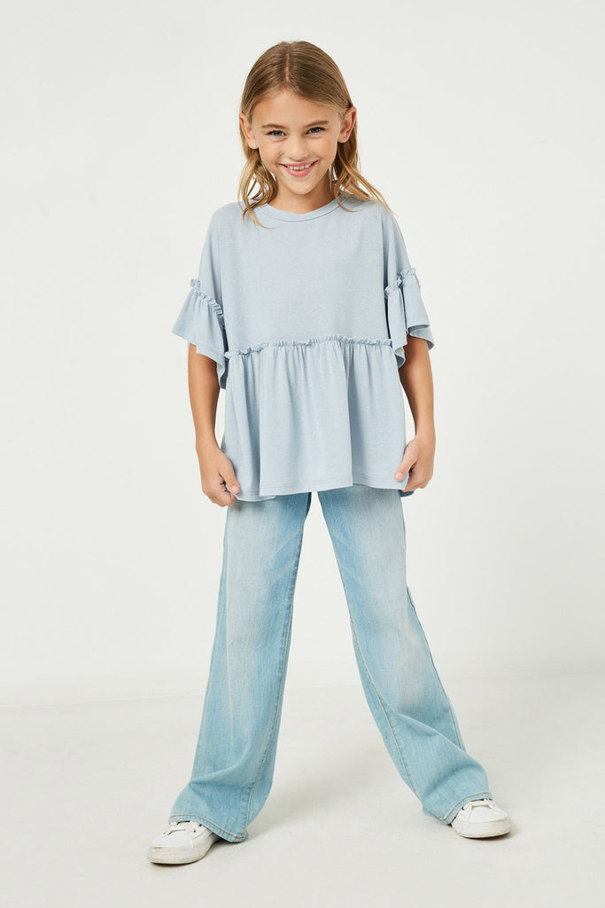GJ3197 Light Blue Girls Ruffle Detail Peplum Knit Top Full Body