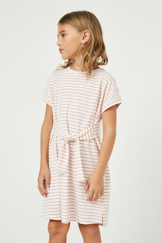 GJ3292 Off White Girls Striped Tie Waist T Shirt Dress Side