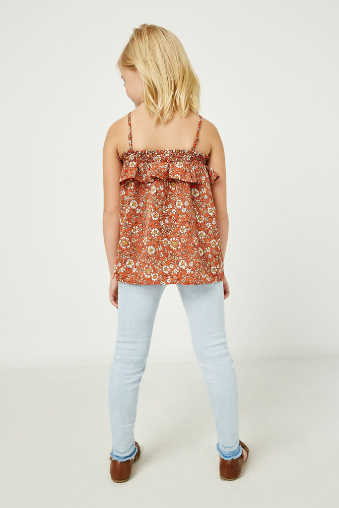 GJ3331 Coral Girls Smocked Floral Print Ruffle Top Back