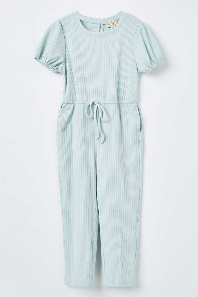 GJ3344 Blue Girls Puff Sleeve Ribbed Jumpsuit Flat Front