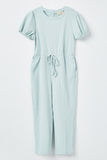 GJ3344 Blue Girls Puff Sleeve Ribbed Jumpsuit Flat Front