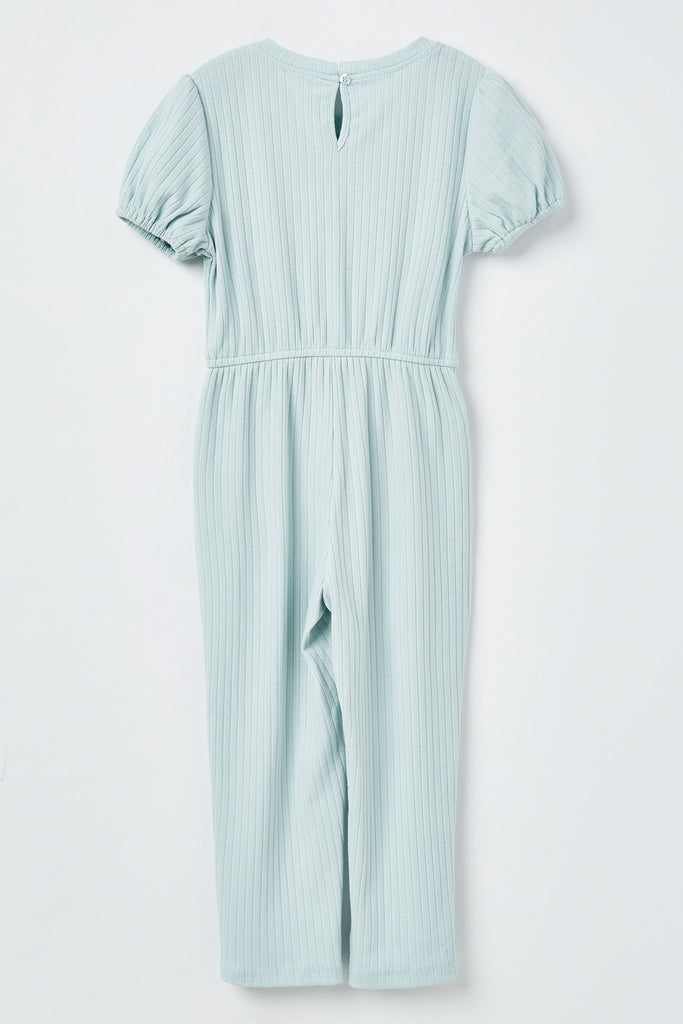 GJ3344 Blue Girls Puff Sleeve Ribbed Jumpsuit Flat Back
