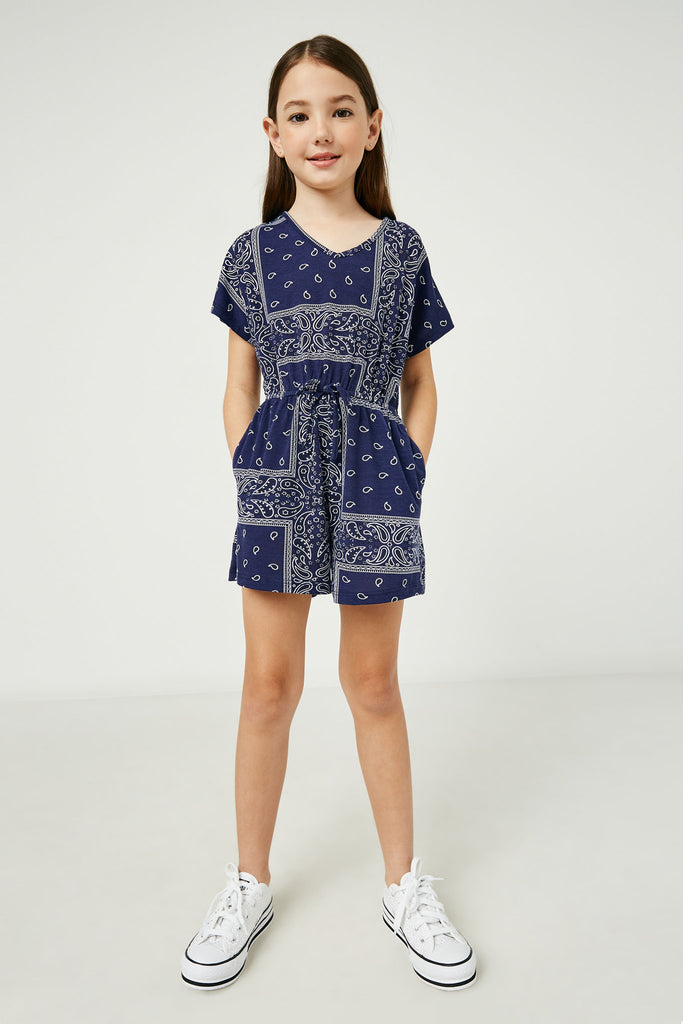 GJ3373 Navy Girls Bandana Print Pocket Knit Romper Full Body